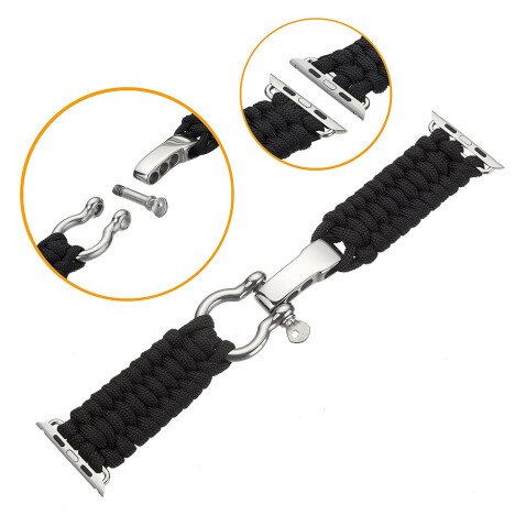 Curea iUni compatibila cu Apple Watch 1/2/3/4/5/6/7, 38mm, Elastic Paracord, Rugged Nylon Rope, Blac