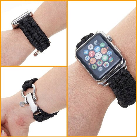 Curea iUni compatibila cu Apple Watch 1/2/3/4/5/6/7, 38mm, Elastic Paracord, Rugged Nylon Rope, Blac